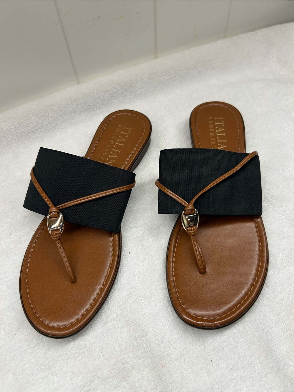 Italian Shoemakers Black Fabric & Brown Leather-Look Slide Sandals